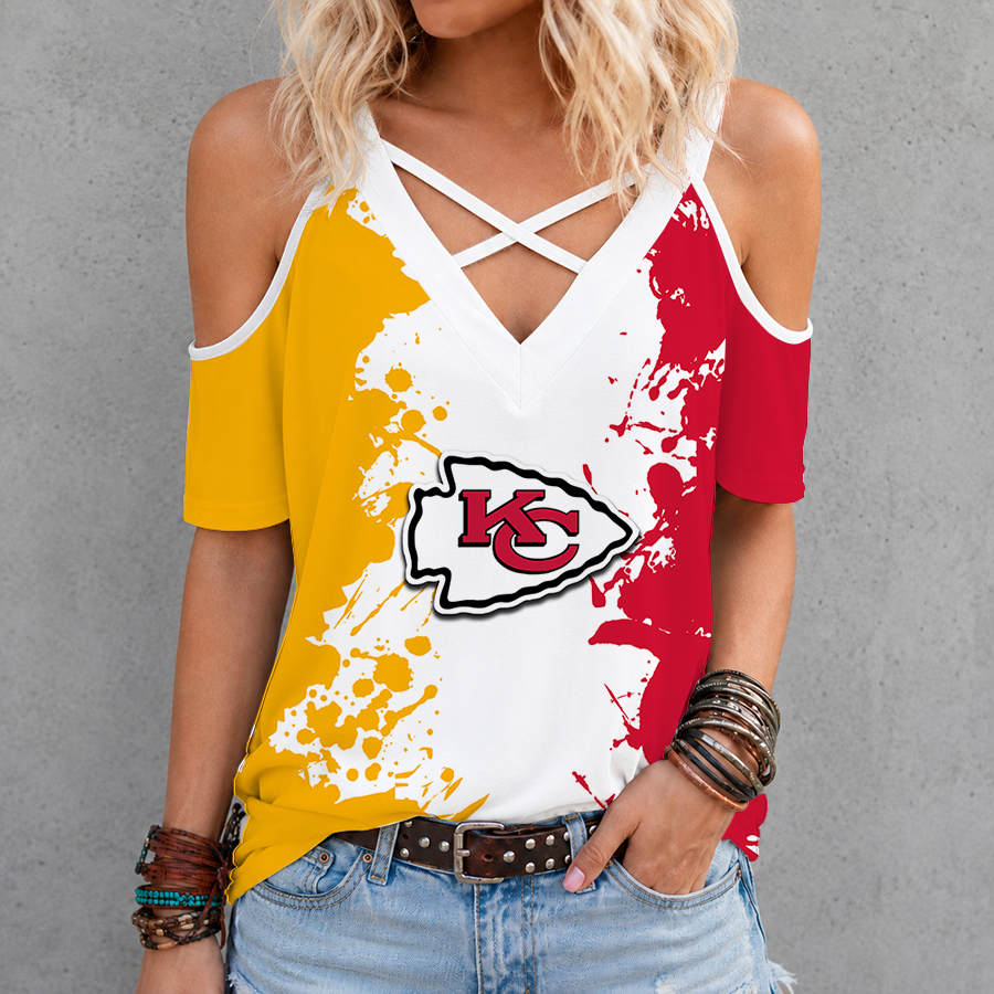 [TOUCHDOWN DEAL] NEW CUSTOMIZED NFL01 KCC KANSAS CITY CHIEFS CRISS CROSS V-NECK TOP