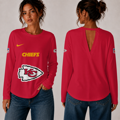 [TOUCHDOWN DEAL] NEW CUSTOMIZED NFL01 KCC THE CHIEFS WOMEN'S BACK V-CUT LONG-SLEEVE SHIRT