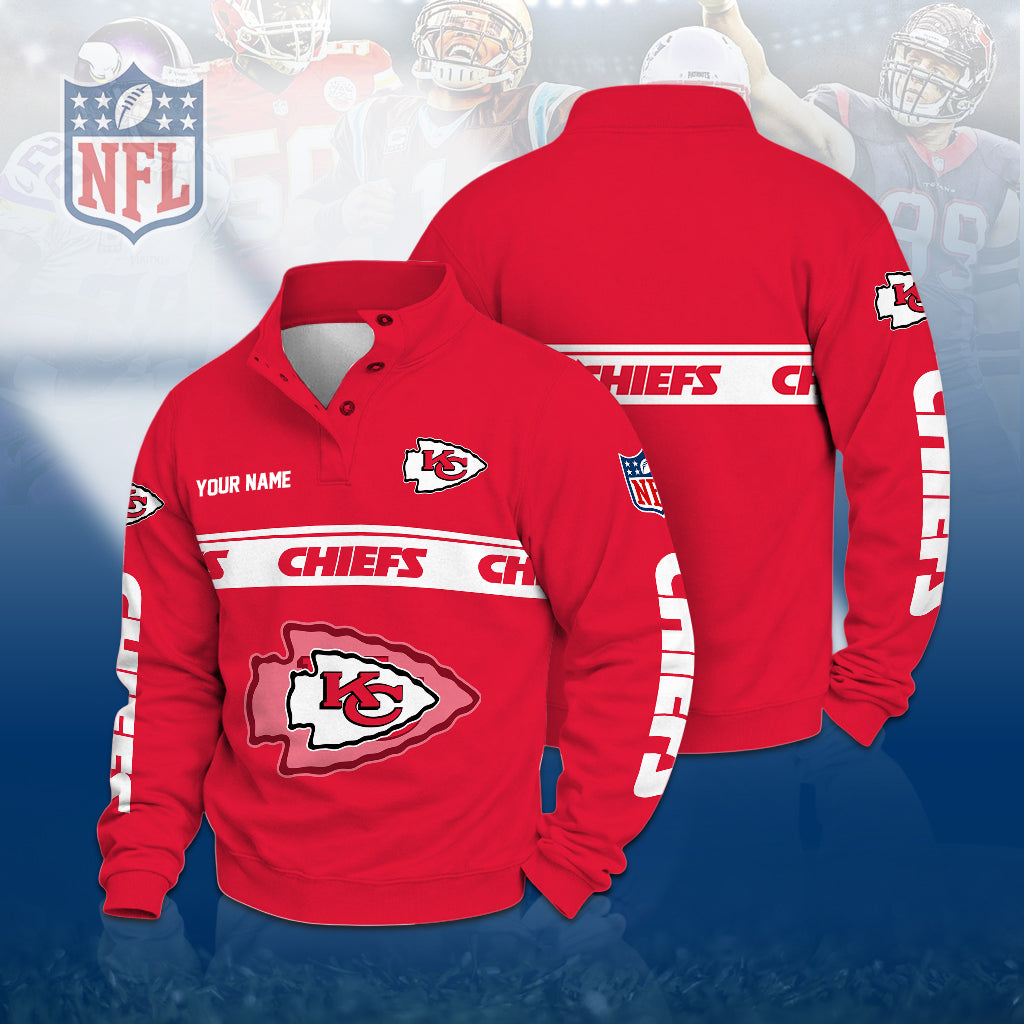 [TOUCHDOWN DEAL] NEW CUSTOMIZED NFL01 KCC THE CHIEFS QUARTER-BUTTON STAND-COLLAR SWEATSHIRT