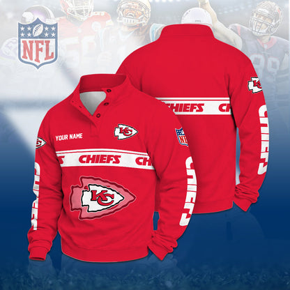 [TOUCHDOWN DEAL] NEW CUSTOMIZED NFL01 KCC THE CHIEFS QUARTER-BUTTON STAND-COLLAR SWEATSHIRT