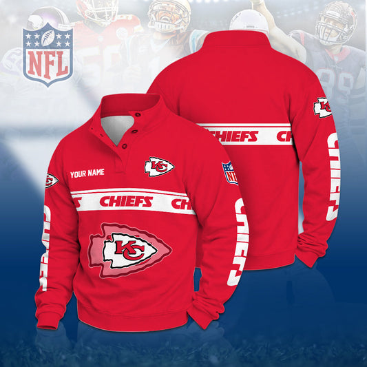 [TOUCHDOWN DEAL] NEW CUSTOMIZED NFL01 KCC THE CHIEFS QUARTER-BUTTON STAND-COLLAR SWEATSHIRT