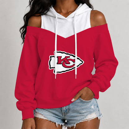 [TOUCHDOWN DEAL] NEW CUSTOMIZED NFL01 KCC THE CHIEFS WOMEN'S OFF-SHOULDER HOODIE