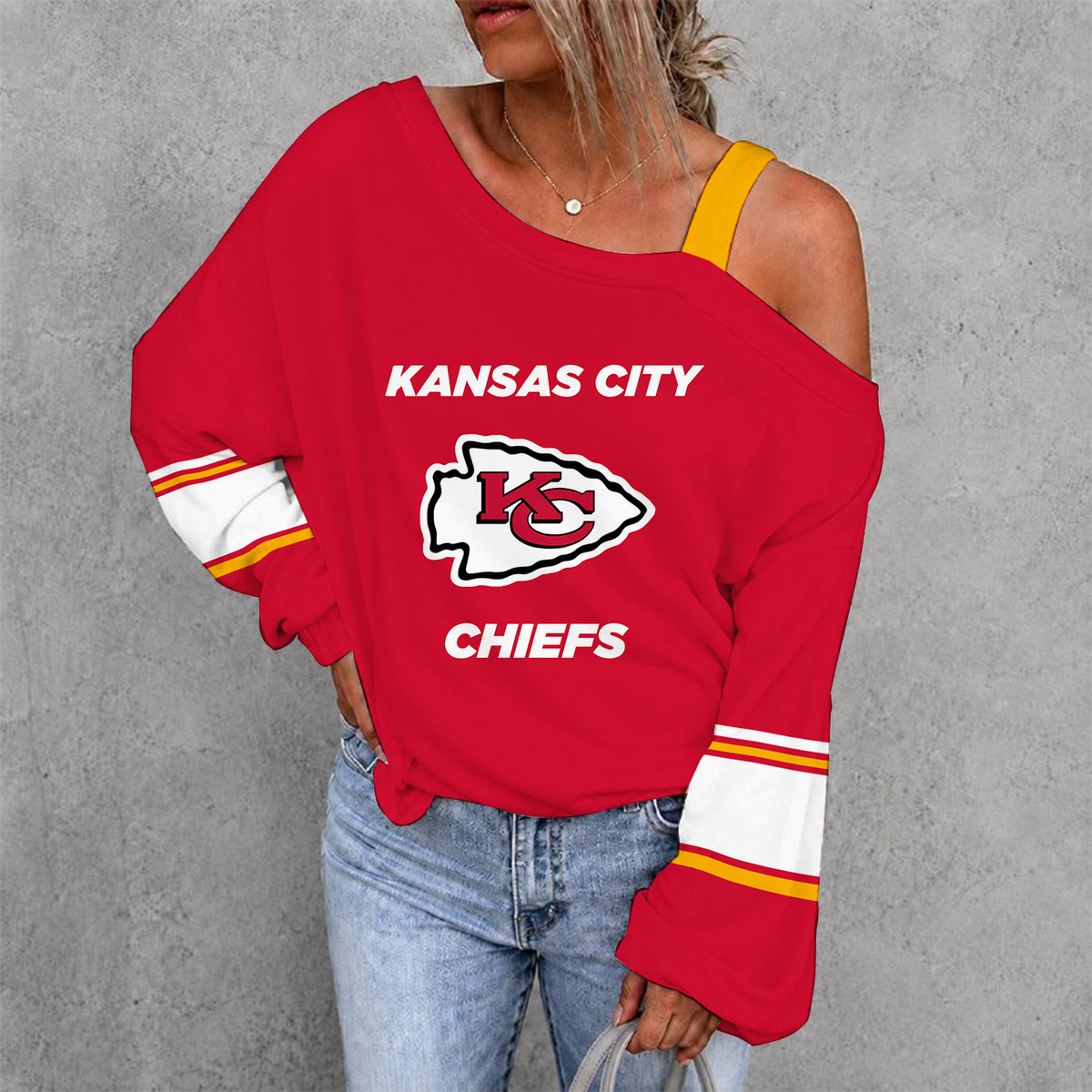 [TOUCHDOWN DEAL] NEW CUSTOMIZED NFL01 KCC KANSAS CITY CHIEFS WOMEN'S OFF-SHOULDER LONG SLEEVE SHIRT
