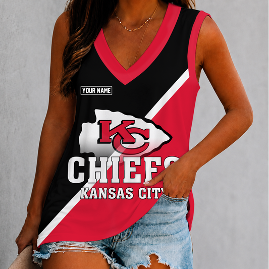 [TOUCHDOWN DEAL] NEW CUSTOMIZED NFL01 KCC KANSAS CITY CHIEFS WOMEN'S V-NECK TANK TOP