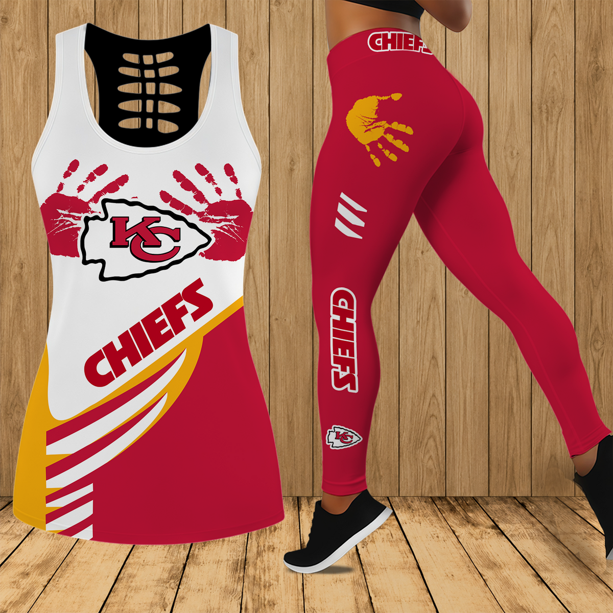 [TOUCHDOWN DEAL] NEW CUSTOMIZED NFL01 KCC KANSAS CITY CHIEFS HOLLOW TANK TOP & LEGGINGS SET