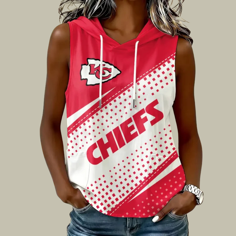 [TOUCHDOWN DEAL] NEW CUSTOMIZED NFL01 KCC KANSAS CITY CHIEFS WOMEN'S SLEEVELESS HOODED POCKET TANK TOP