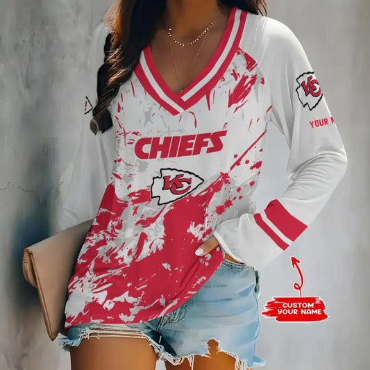 [TOUCHDOWN DEAL] NEW CUSTOMIZED NFL01 KCC KANSAS CITY CHIEFS WOMEN'S V-NECK LONG SLEEVED SHIRT