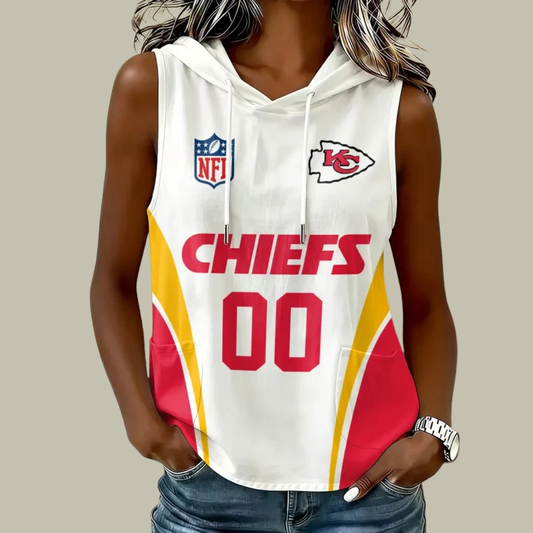 [TOUCHDOWN DEAL] NEW CUSTOMIZED NFL01 KCC KANSAS CITY CHIEFS WOMEN'S SLEEVELESS HOODED POCKET TANK TOP