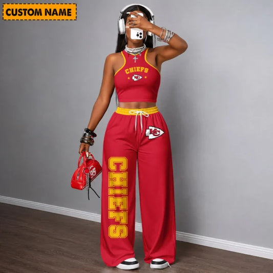 [TOUCHDOWN DEAL] NEW CUSTOMIZED NFL01 KCC KANSAS CITY CHIEFS WOMEN'S CROP TOP & LONGPANTS SET