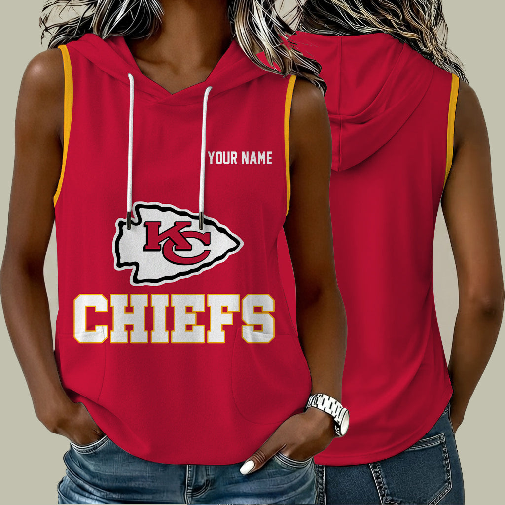 [TOUCHDOWN DEAL] NEW CUSTOMIZED NFL01 KCC KANSAS CITY CHIEFS WOMEN'S SLEEVELESS HOODED POCKET TANK TOP