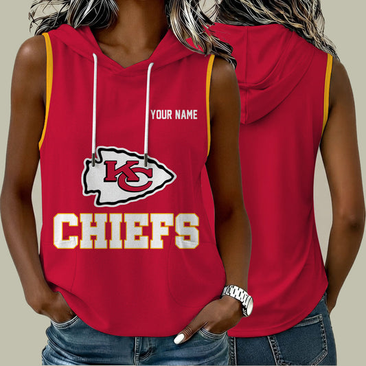 [TOUCHDOWN DEAL] NEW CUSTOMIZED NFL01 KCC KANSAS CITY CHIEFS WOMEN'S SLEEVELESS HOODED POCKET TANK TOP