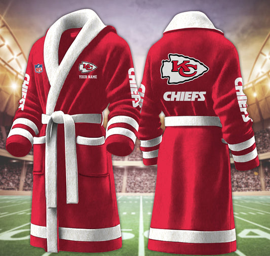[TOUCHDOWN DEAL] NEW CUSTOMIZED NFL01 KCC KANSAS CITY CHIEFS MULTICOLOR FLEECE BATHROBE