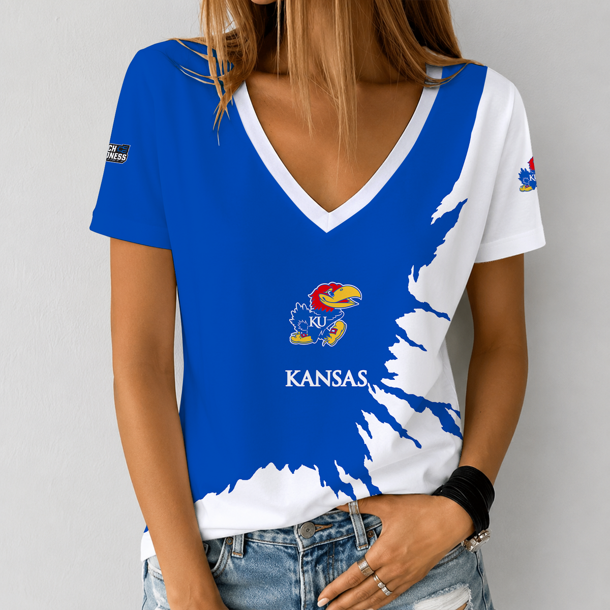 [SLAM DUNK DEAL] NEW CUSTOMIZED NCAA MAM01 KSJ KANSAS JAYHAWKS V-NECK FEMALE SHIRT