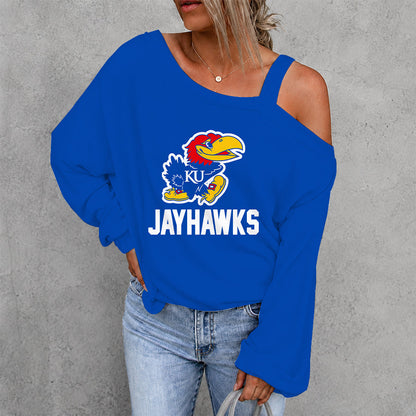 [SLAM DUNK DEAL] NEW CUSTOMIZED NCAA MAM01 KSJ KANSAS JAYHAWKS WOMEN'S OFF-SHOULDER LONG SLEEVE SHIRT