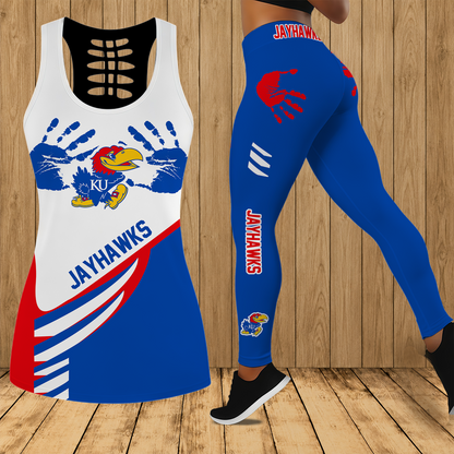 [SLAM DUNK DEAL] NEW CUSTOMIZED NCAA MAM01 KSJ KANSAS JAYHAWKS STRAPPY HOLLOW TANK TOP & LEGGINGS SET