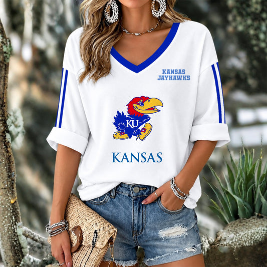 [SLAM DUNK DEAL] NEW CUSTOMIZED NCAA MAM01 KSJ KANSAS JAYHAWKS WOMEN'S V-NECK LONG SLEEVE SHIRT