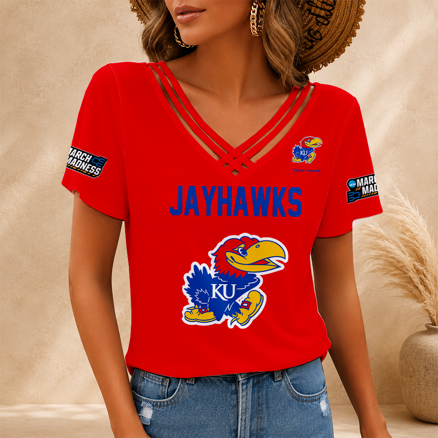 [SLAM DUNK DEAL] NEW CUSTOMIZED NCAA MAM01 KSJ KANSAS JAYHAWKS V-NECK SHIRT