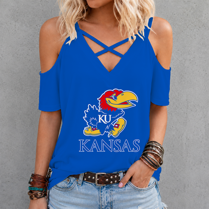 [SLAM DUNK DEAL] NEW CUSTOMIZED NCAA MAM01 KSJ KANSAS JAYHAWKS CRISS CROSS V-NECK TOP