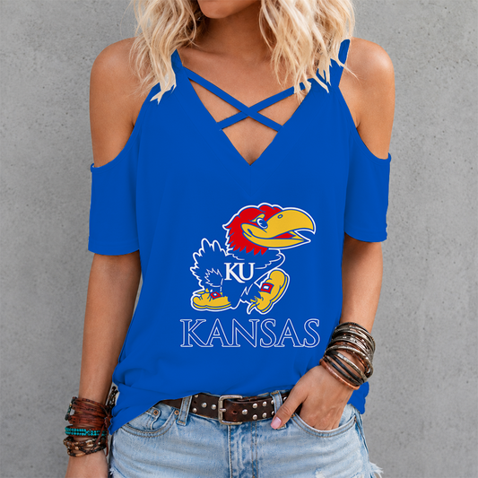 [SLAM DUNK DEAL] NEW CUSTOMIZED NCAA MAM01 KSJ KANSAS JAYHAWKS CRISS CROSS V-NECK TOP