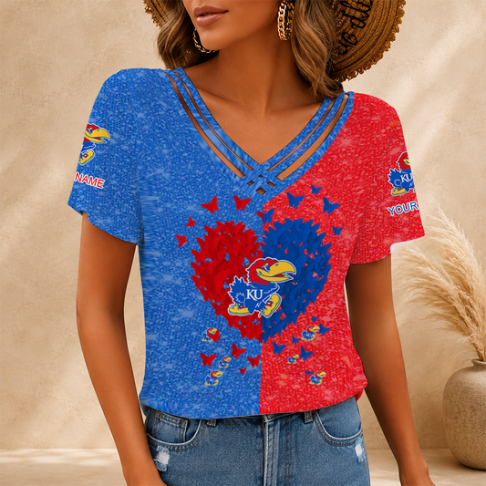 [SLAM DUNK DEAL] NEW CUSTOMIZED NCAA MAM01 KSJ KANSAS JAYHAWKS V-NECK SHIRT