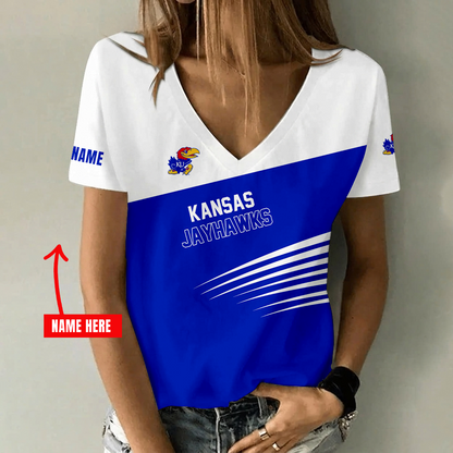 [FAN FAVORITE] NEW CUSTOMIZED NCAA MAM01 KSJ KANSAS JAYHAWKS STRAPPY V-NECK FEMALE SHIRT