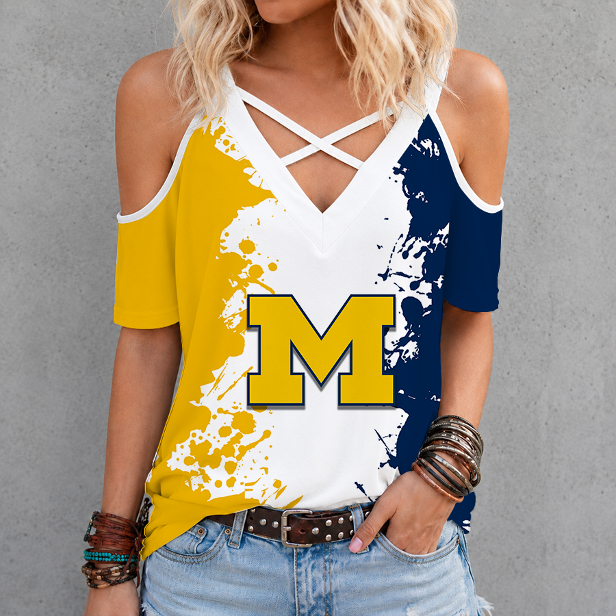 [FAN FAVORITE] NEW CUSTOMIZED NCAA CWS01 MIW MICHIGAN WOLVERINES CRISS CROSS V-NECK TOP