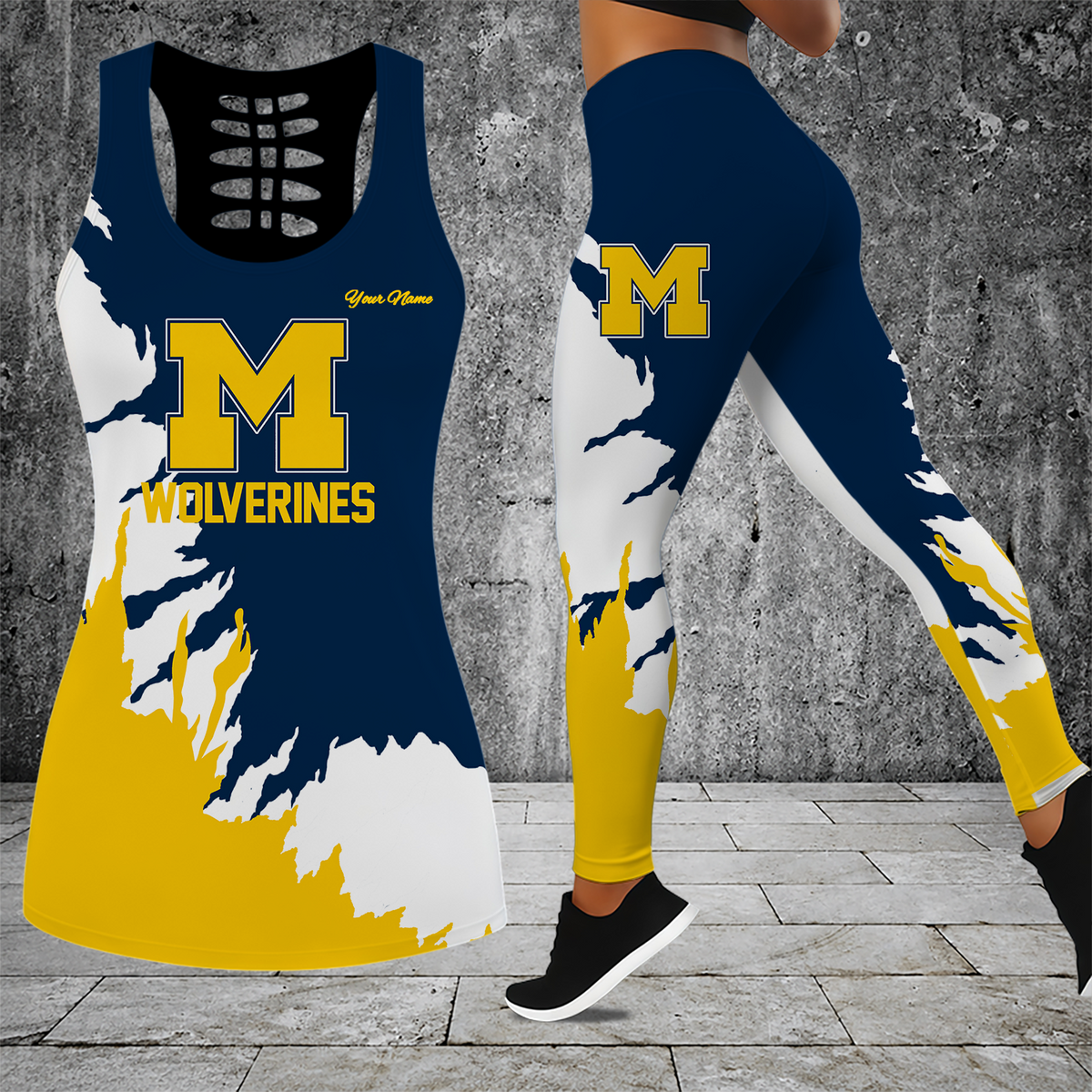[HOMERUN DEAL] NEW CUSTOMIZED NCAA CWS01 MIW MICHIGAN WOLVERINES HOLLOW TANK TOP & LEGGINGS SET