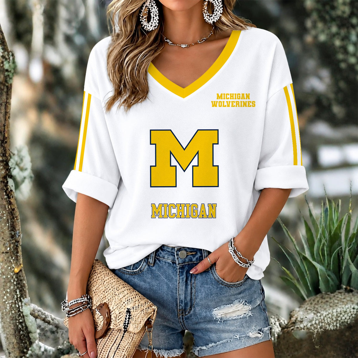 [HOMERUN DEAL] NEW CUSTOMIZED NCAA CWS01 MIW MICHIGAN WOLVERINES WOMEN'S V-NECK LONG SLEEVE SHIRT