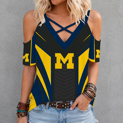 [HOMERUN DEAL] NEW CUSTOMIZED NCAA CWS01 MIW MICHIGAN WOLVERINES CRISS CROSS V-NECK TOP