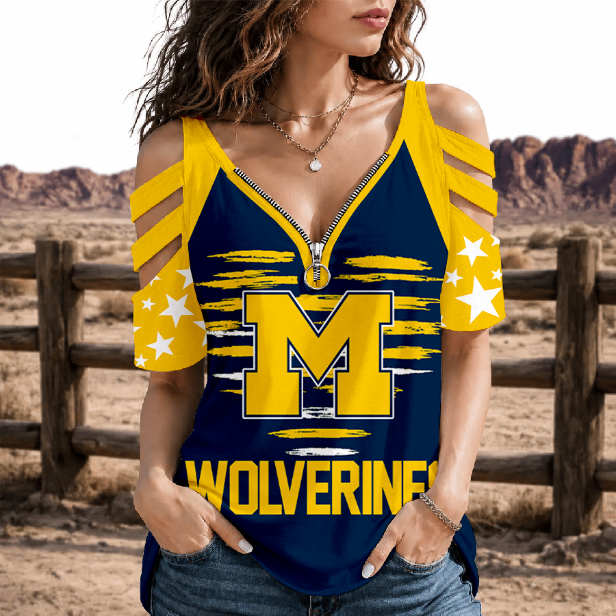 [FAN FAVORITE] NEW CUSTOMIZED NCAA CWS01 MIW MICHIGAN WOLVERINES STRAPPY COLD-SHOULDER TOP