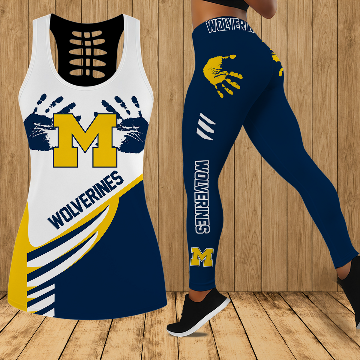 [HOMERUN DEAL] NEW CUSTOMIZED NCAA CWS01 MIW MICHIGAN WOLVERINES HOLLOW TANK TOP & LEGGINGS SET