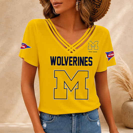 [FAN FAVORITE] NEW CUSTOMIZED NCAA CWS01 MIW MICHIGAN WOLVERINES V-NECK SHIRT