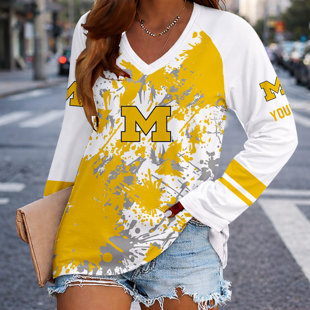 [FAN FAVORITE] NEW CUSTOMIZED NCAA CWS01 MIW MICHIGAN WOLVERINES WOMEN'S V-NECK LONG SLEEVED SHIRT