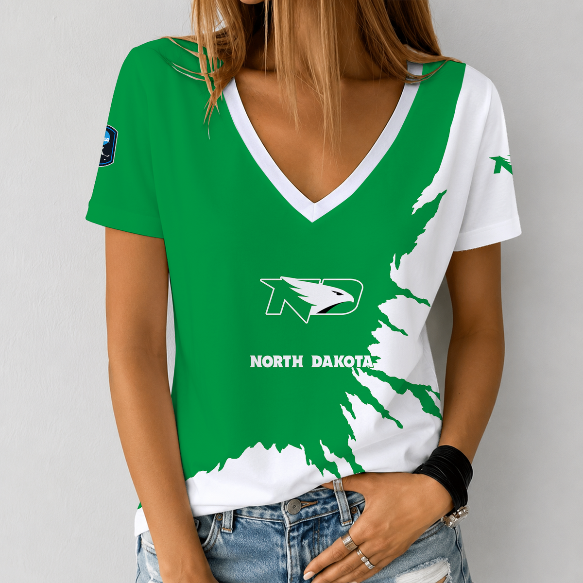[PUCK DROP DEAL] NEW CUSTOMIZED NCAA MFF01 NFH NORTH DAKOTA FIGHTING HAWKS V-NECK FEMALE SHIRT