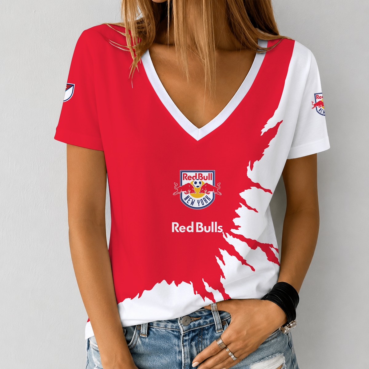 [GOAL DEAL] NEW CUSTOMIZED MLS01 NRB NEW YORK RED BULLS V-NECK FEMALE SHIRT