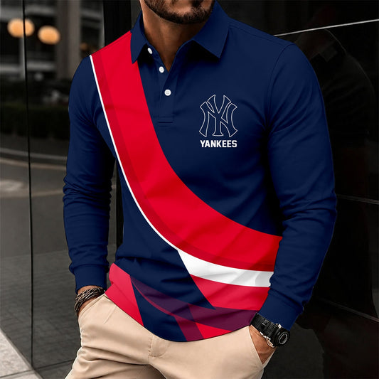 [HOMERUN DEAL] NEW CUSTOMIZED MLB01 NYY NEW YORK YANKEES MEN'S LONG SLEEVE POLO