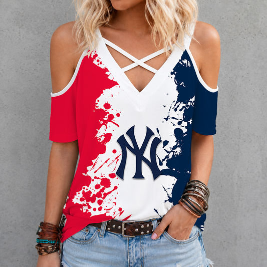 [HOMERUN DEAL] NEW CUSTOMIZED MLB01 NYY NEW YORK YANKEES CRISS CROSS V-NECK TOP