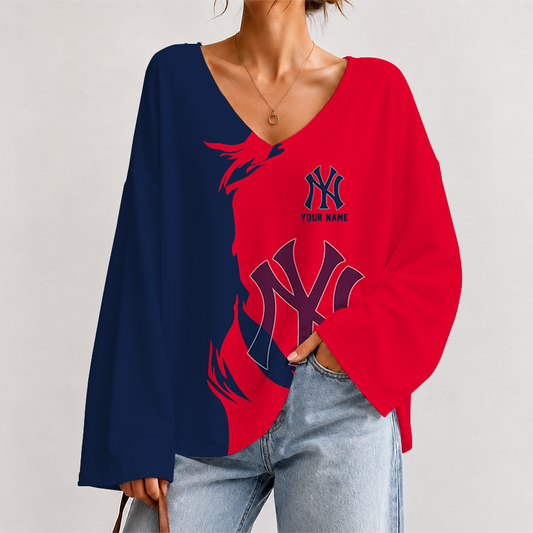 [HOMERUN DEAL] NEW CUSTOMIZED MLB01 NYY NEW YORK YANKEES V-NECK LONG SLEEVED CROP TOP