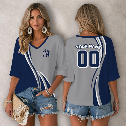 [HOMERUN DEAL] NEW CUSTOMIZED MLB01 NYY NEW YORK YANKEES WOMEN'S HEART V-NECK LONG SLEEVE SHIRT