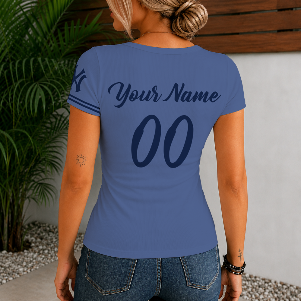 [HOMERUN DEAL] NEW CUSTOMIZED MLB01 NYY NEW YORK YANKEES WOMEN'S SHORT SLEEVE HENLEY T-SHIRT