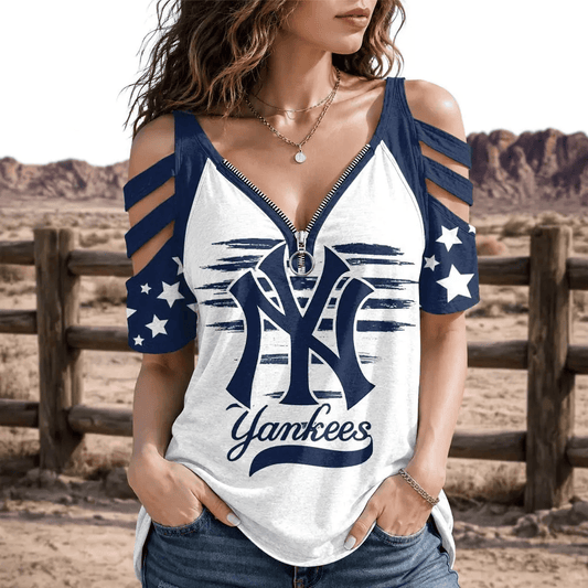 [HOMERUN DEAL] NEW CUSTOMIZED MLB01 NYY NEW YORK YANKEES STRAPPY COLD-SHOULDER TOP
