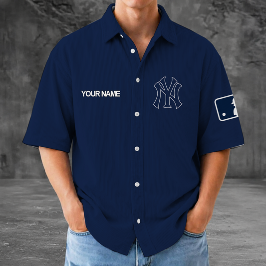 [HOMERUN DEAL] NEW CUSTOMIZED MLB01 NYY NEW YORK YANKEES SEERSUCKER BUTTON SHIRT