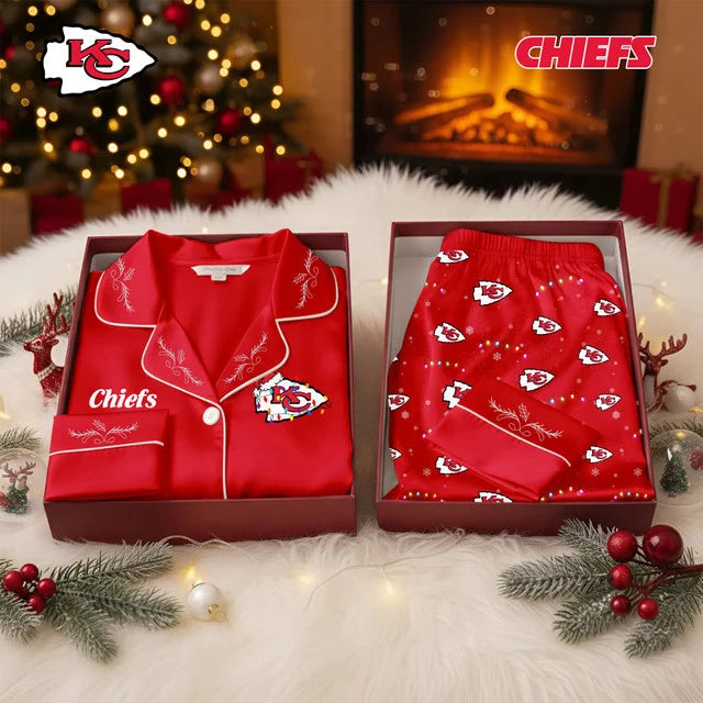 [TOUCHDOWN DEAL] NEW CUSTOMIZED NFL01 KCC KANSAS CITY CHIEFS LONG-SLEEVE PAJAMA SET