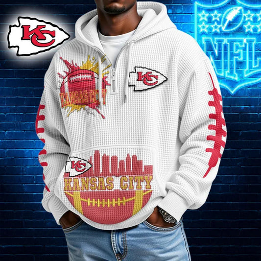 [TOUCHDOWN DEAL] NEW CUSTOMIZED NFL01 KCC KANSAS CITY CHIEFS WAFFLE FULL ZIP HOODIE