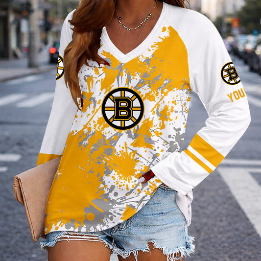[PUCK DROP DEAL] NEW CUSTOMIZED NHL02 BTB BOSTON BRUINS WOMEN'S V-NECK LONG SLEEVED SHIRT