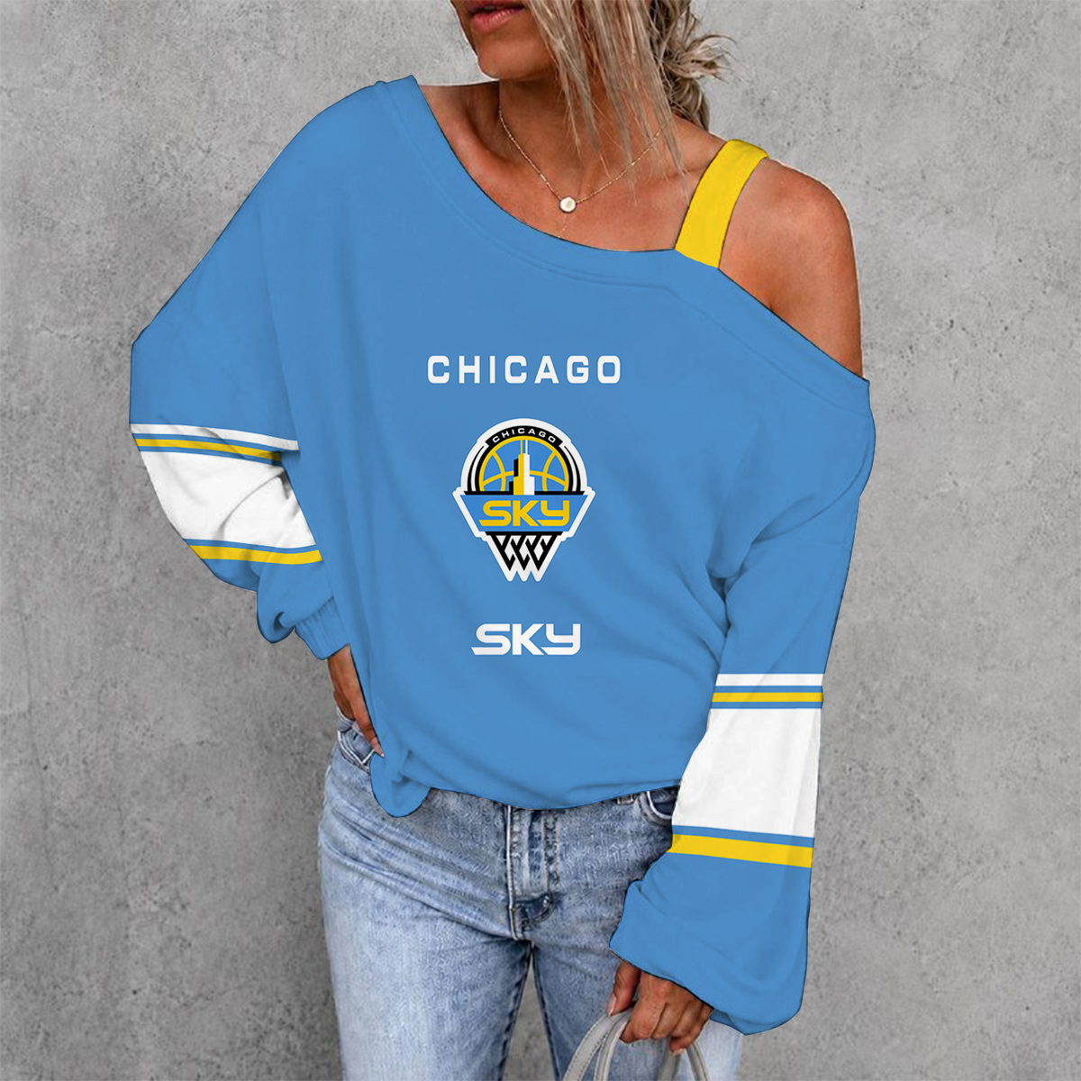 [HOOPS SPECIAL] NEW CUSTOMIZED WNBA02 CCS CHICAGO SKY WOMEN'S OFF-SHOULDER LONG SLEEVE SHIRT