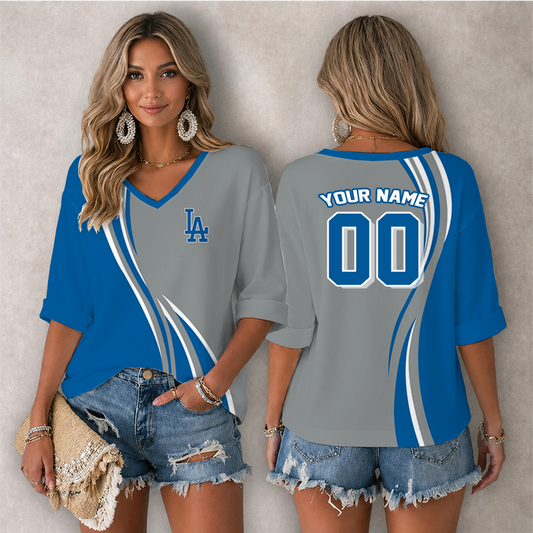[HOMERUN DEAL] NEW CUSTOMIZED MLB02 LAD LOS ANGELES DODGERS WOMEN'S HEART V-NECK LONG SLEEVE SHIRT