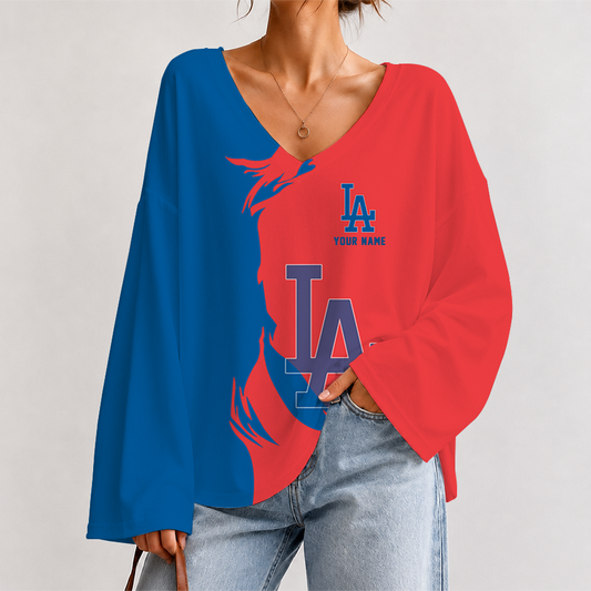[HOMERUN DEAL] NEW CUSTOMIZED MLB02 LAD LOS ANGELES DODGERS V-NECK LONG SLEEVED CROP TOP