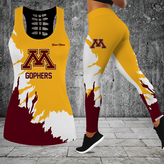[PUCK DROP DEAL] NEW CUSTOMIZED NCAA MFF02 MGG MINNESOTA GOLDEN GOPHERS HOLLOW TANK TOP & LEGGINGS SET