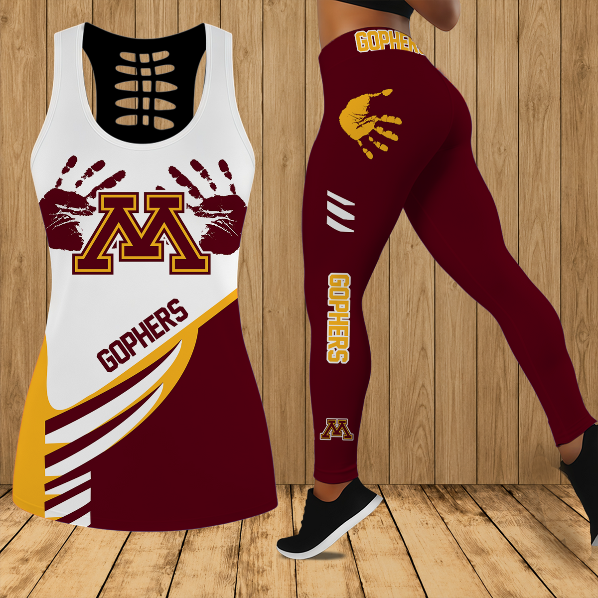 [PUCK DROP DEAL] NEW CUSTOMIZED NCAA MFF02 MGG MINNESOTA GOLDEN GOPHERS HOLLOW TANK TOP & LEGGINGS SET